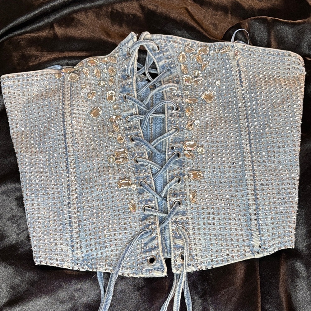 Akira Studded Denim Corset Top Size L